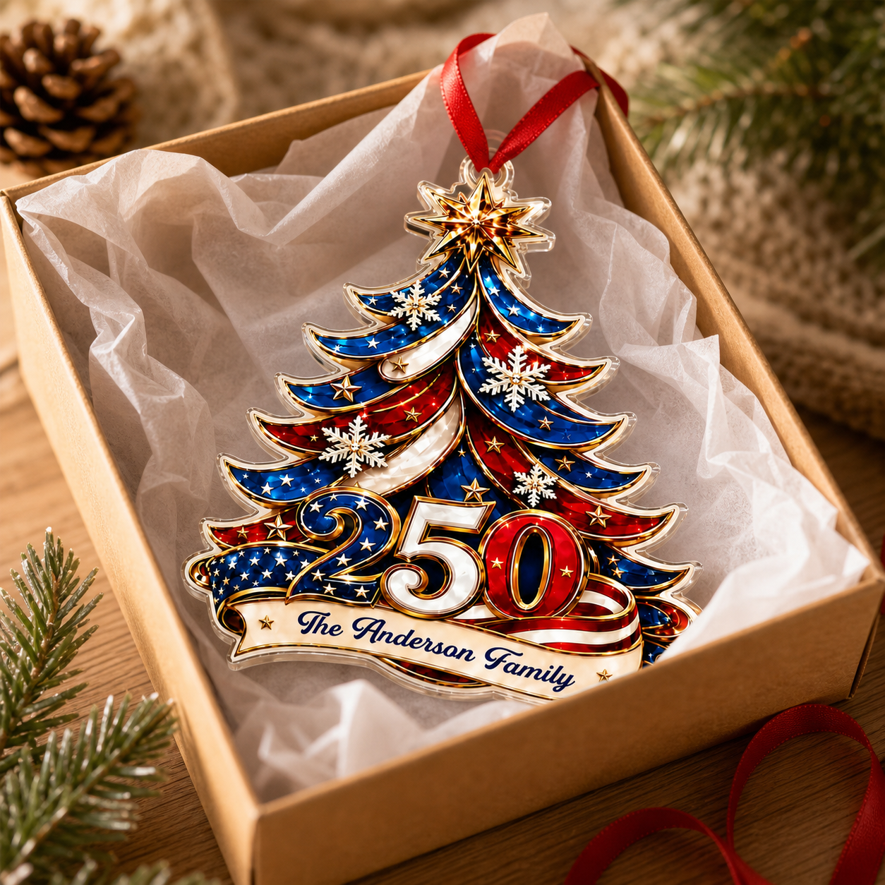 America 250 Patriotic Tree Family Name Acrylic Ornament - gift presentation