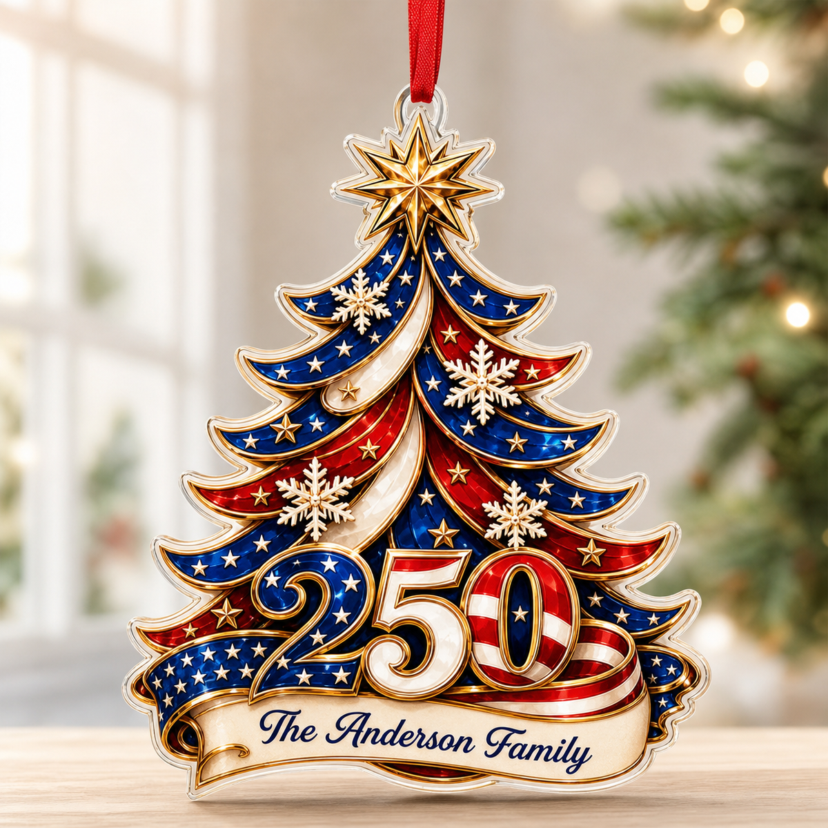 America 250 Patriotic Tree Family Name Acrylic Ornament