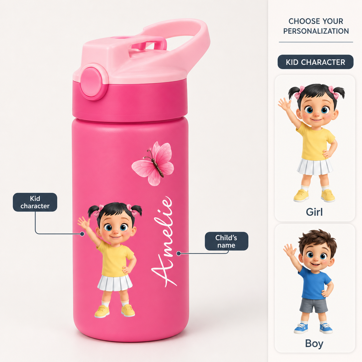 Personalized Kids Water Bottle with Cute Waving Character & Name - personalization guide