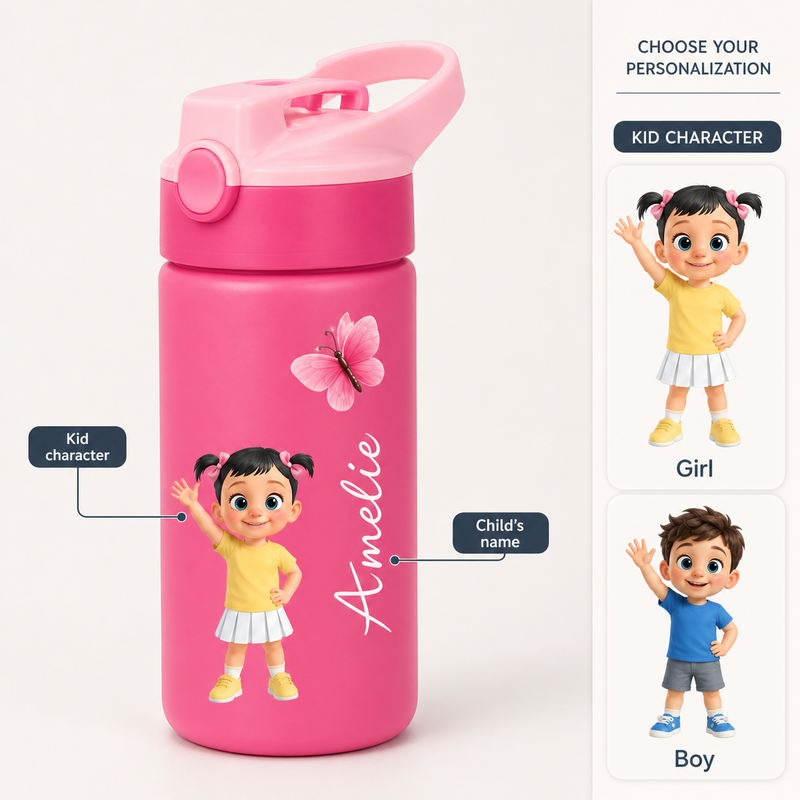 Personalized Kids Water Bottle with Cute Waving Character & Name - personalization guide