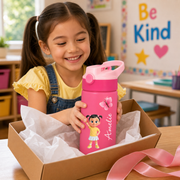 Personalized Kids Water Bottle with Cute Waving Character & Name