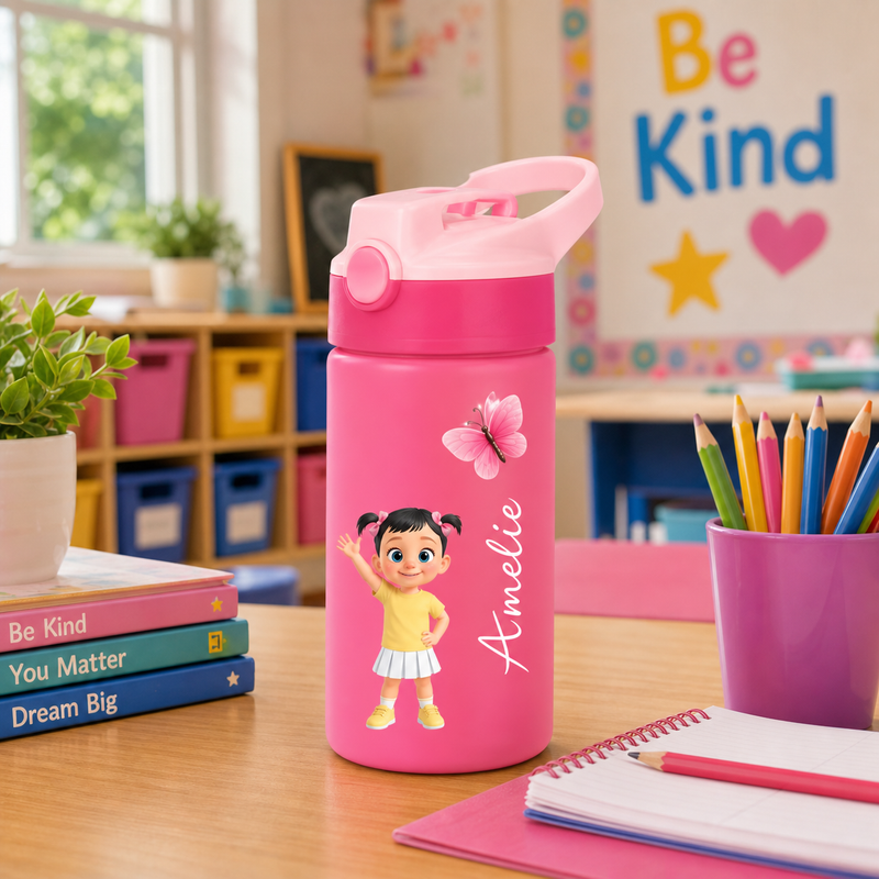 Personalized Kids Water Bottle with Cute Waving Character & Name - lifestyle photo