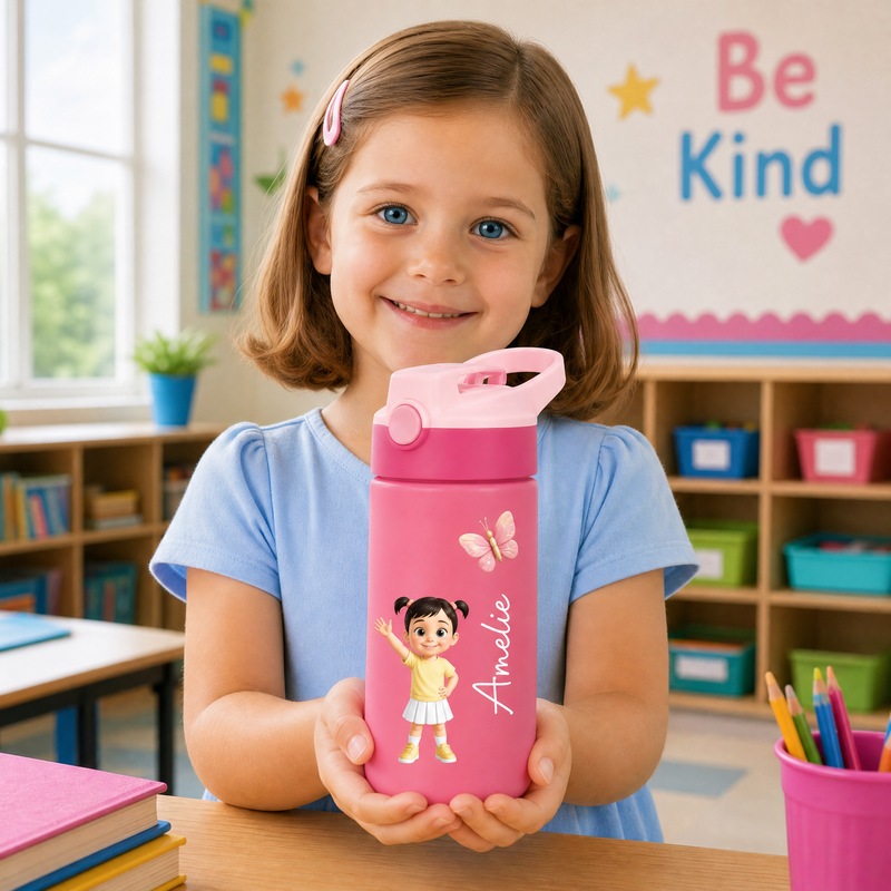 Personalized Kids Water Bottle with Cute Waving Character & Name