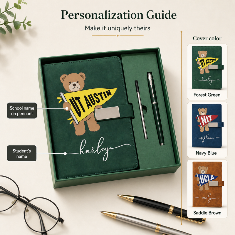 Personalized Notebook & Pen Gift Set with School Pennant Bear - personalization guide
