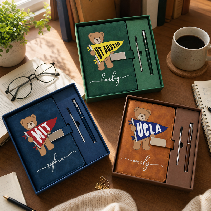 Personalized Notebook & Pen Gift Set with School Pennant Bear - lifestyle photo