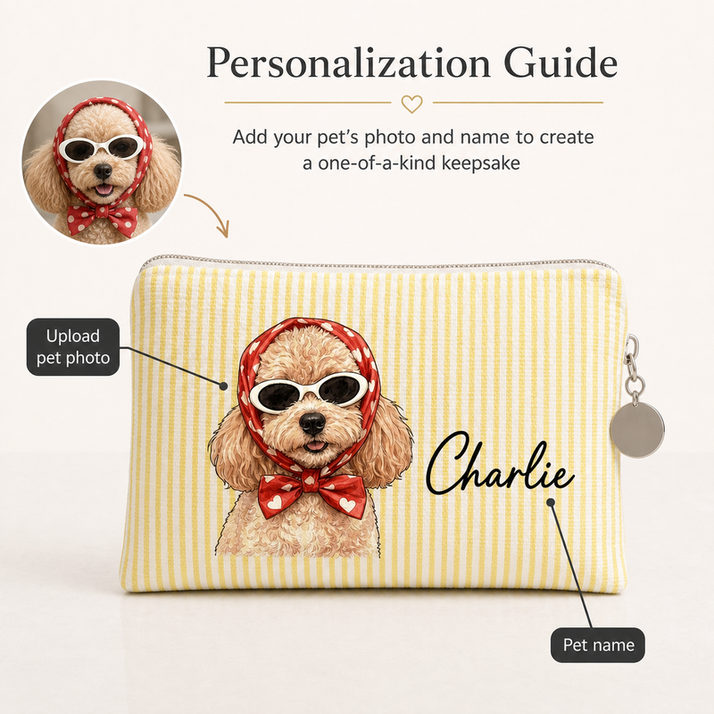 Custom Pet Portrait Seersucker Makeup Bag with Name - personalization guide