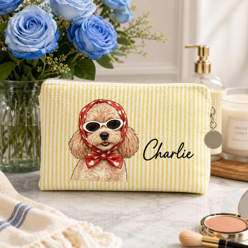 Custom Pet Portrait Seersucker Makeup Bag with Name - lifestyle photo