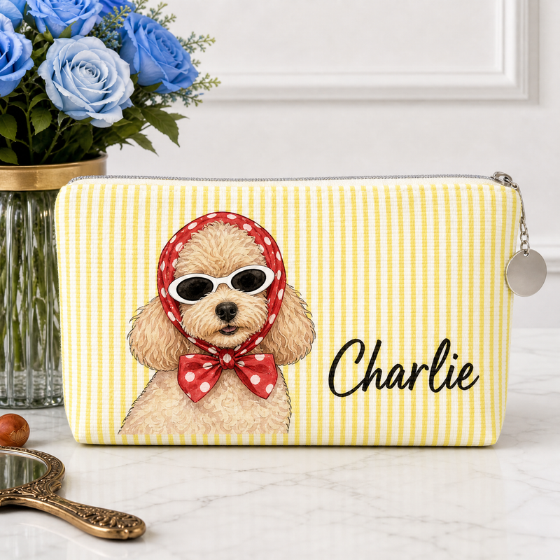 Custom Pet Portrait Seersucker Makeup Bag with Name