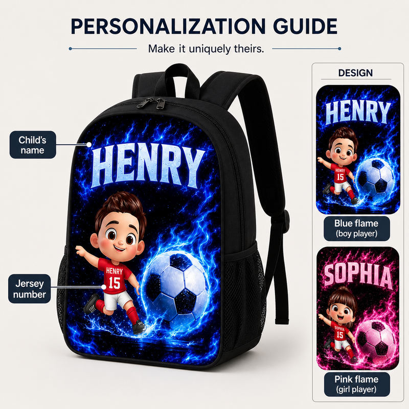 Game-Day Hero Soccer Backpack with Kid's Name & Jersey Number - personalization guide