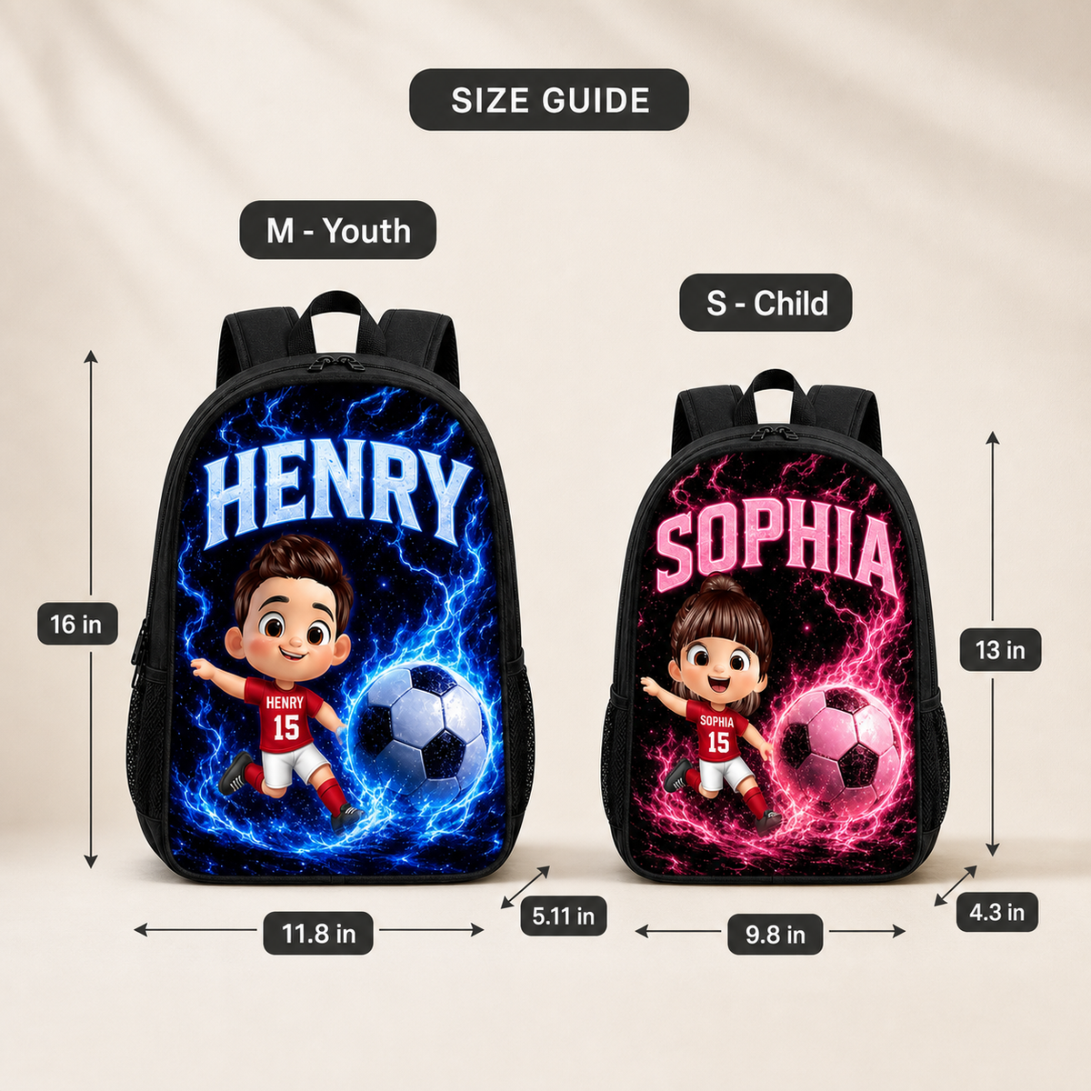 Game-Day Hero Soccer Backpack with Kid's Name & Jersey Number - size guide with exact dimensions