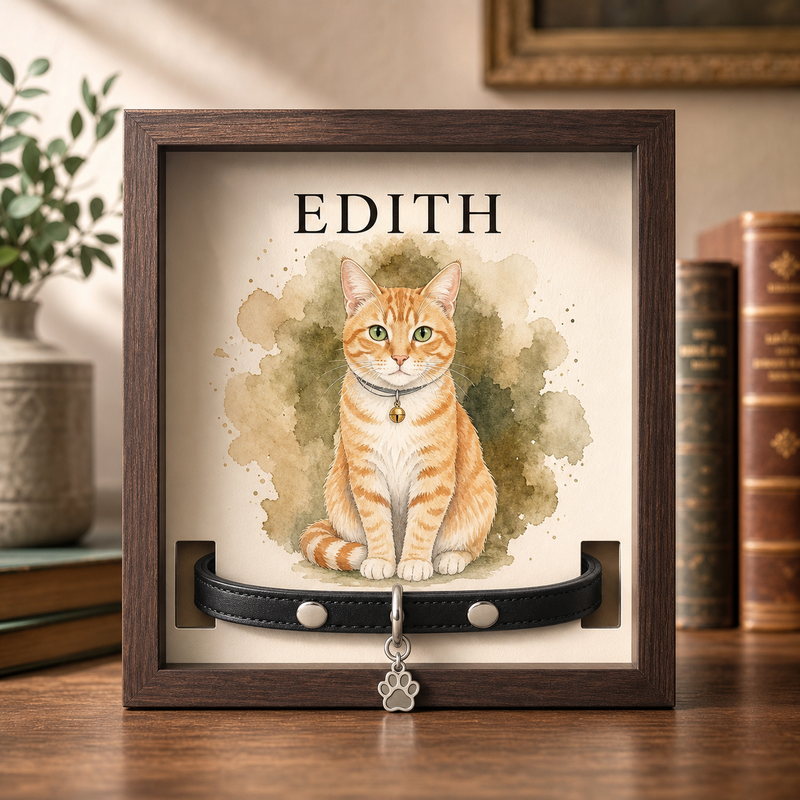 Watercolor Pet Portrait Memorial Frame with Collar Display