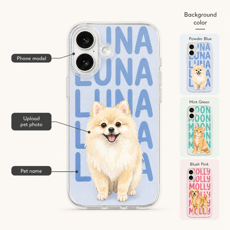 Watercolor Pet Portrait Phone Case with Repeating Name Print - personalization guide