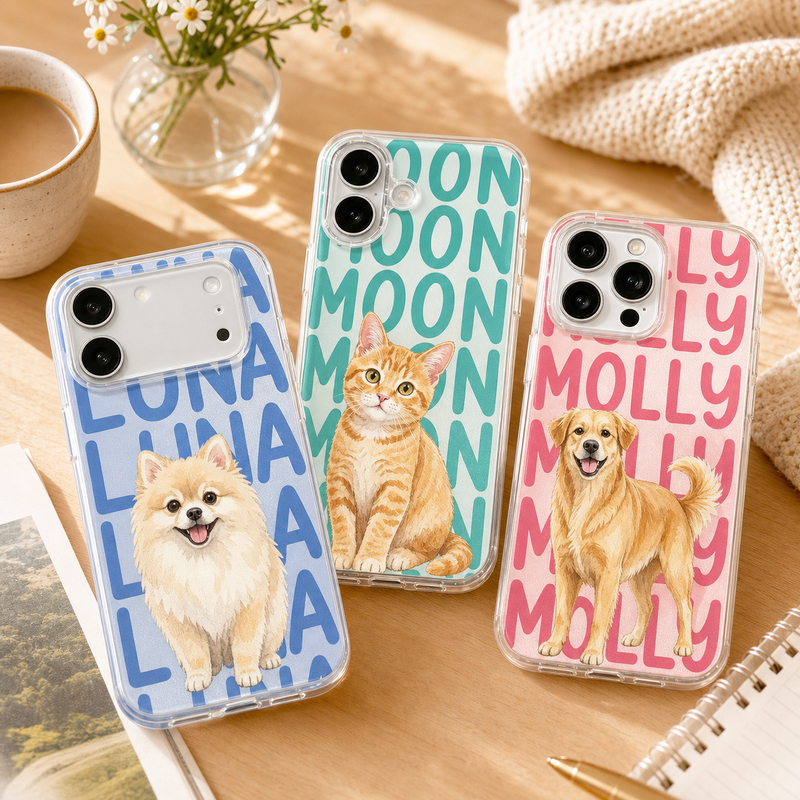 Watercolor Pet Portrait Phone Case with Repeating Name Print - lifestyle photo
