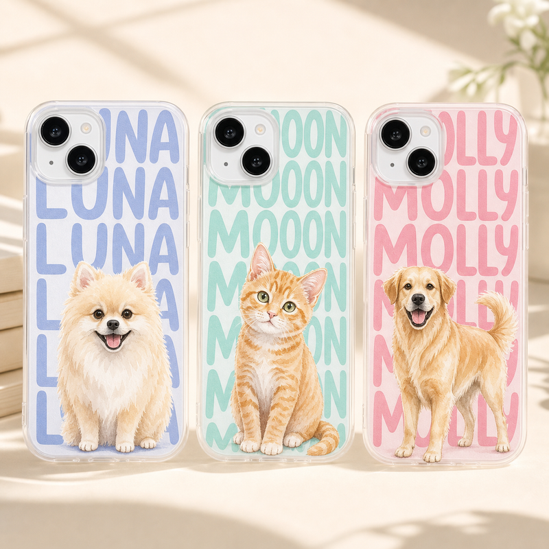 Watercolor Pet Portrait Phone Case with Repeating Name Print
