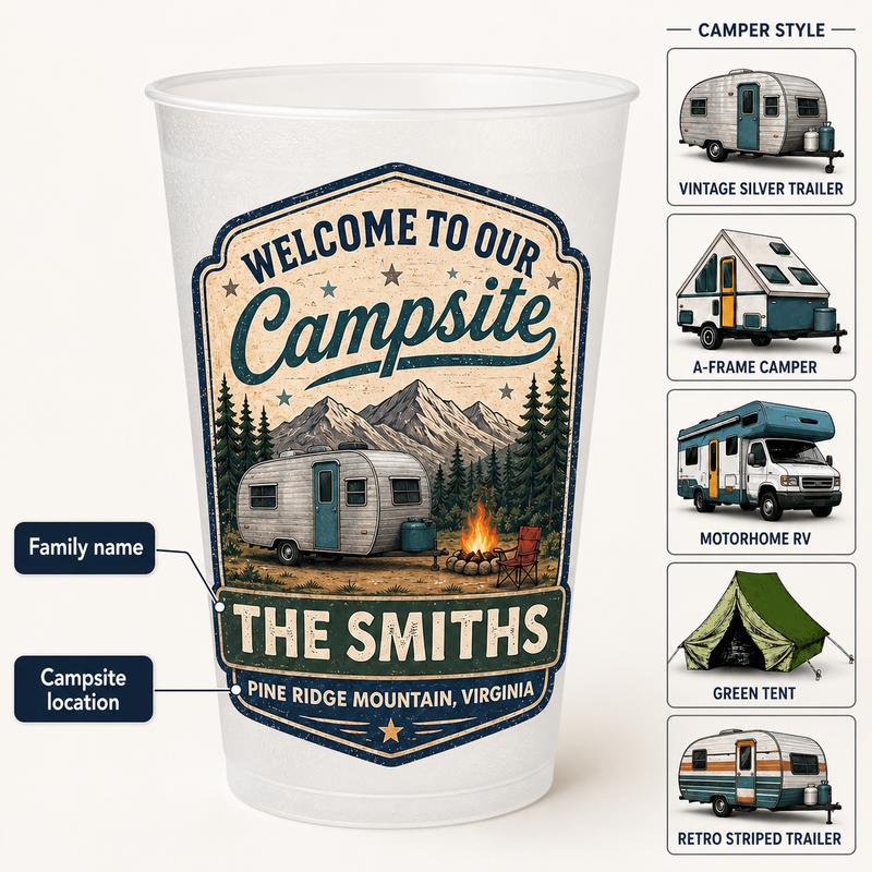 Welcome to Our Campsite Personalized Camping Party Cup - personalization guide