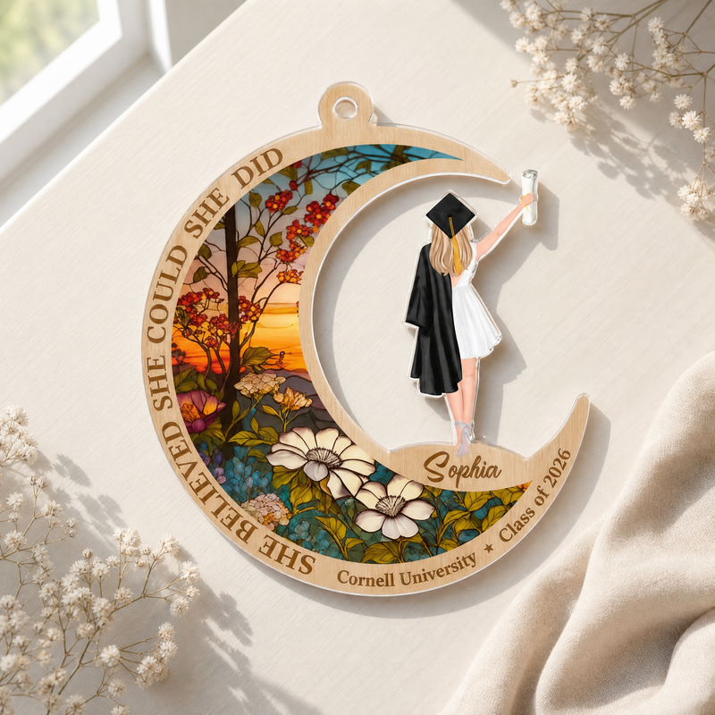 Believed She Could graduation suncatcher ornament personalized with name, school, and class year - lifestyle photo