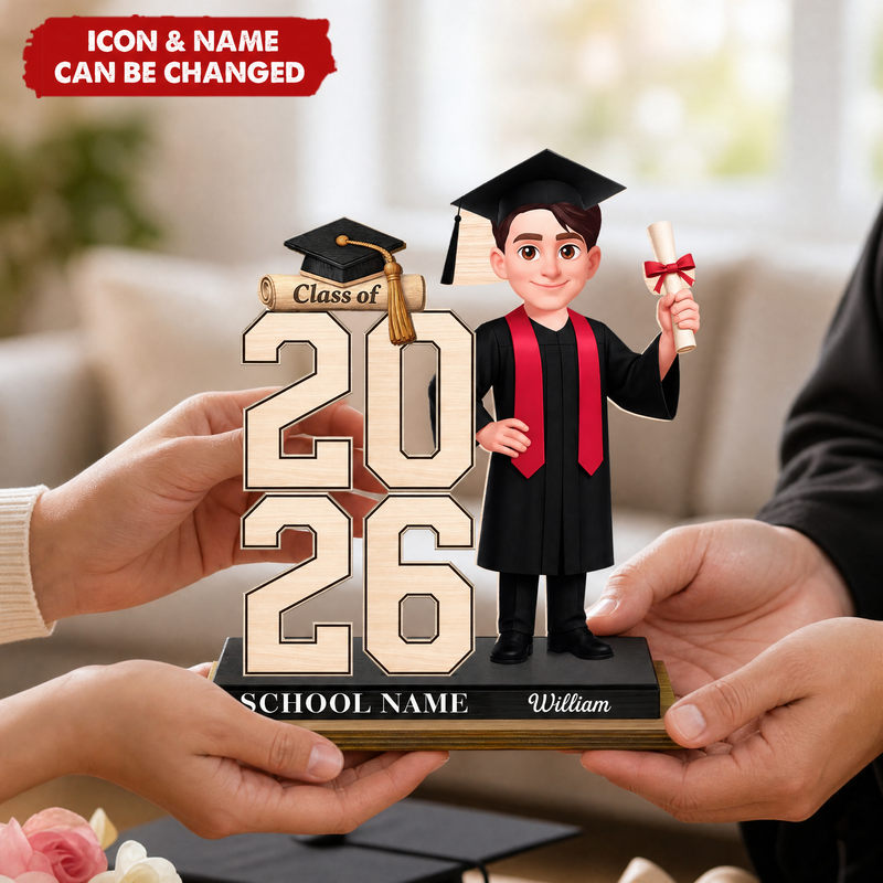 Personalized class year graduation plaque with graduate figure, name, and school - lifestyle photo