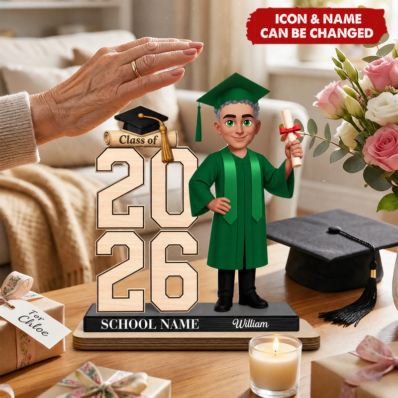 Personalized class year graduation plaque with graduate figure, name, and school - personalization options