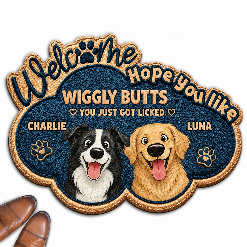 Hope You Like Wiggly Butts personalized dog welcome doormat with custom dog portraits and names