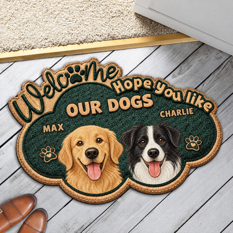 Hope You Like Wiggly Butts personalized dog welcome doormat with custom dog portraits and names - personalization options