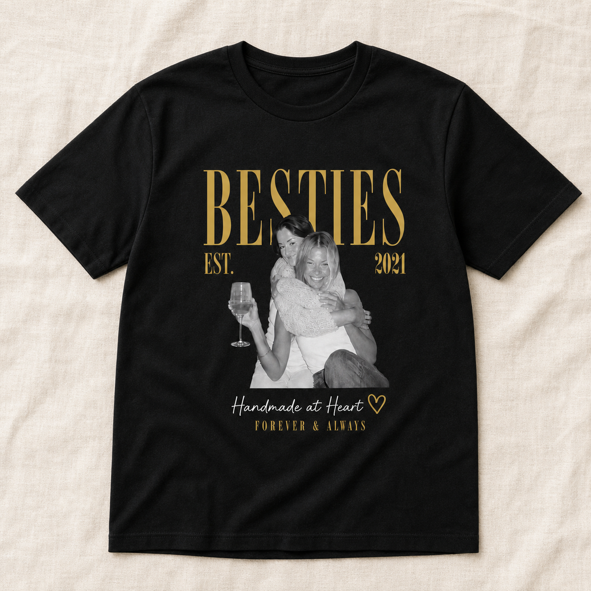 Custom Besties photo t-shirt with vintage print, names, and established year - gallery view 1