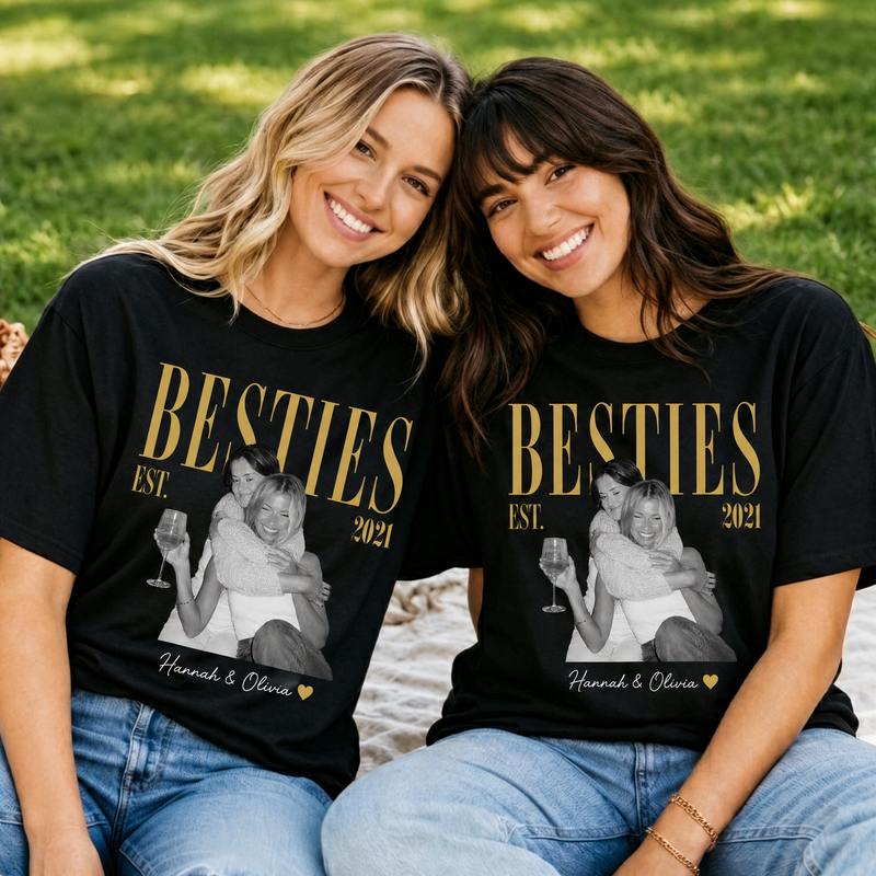 Custom Besties photo t-shirt with vintage print, names, and established year - personalization options