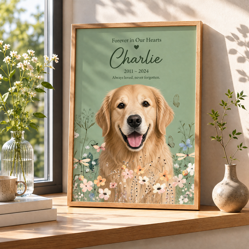 Forever in Our Hearts pet memorial portrait poster with custom pet artwork, name, and years - lifestyle photo