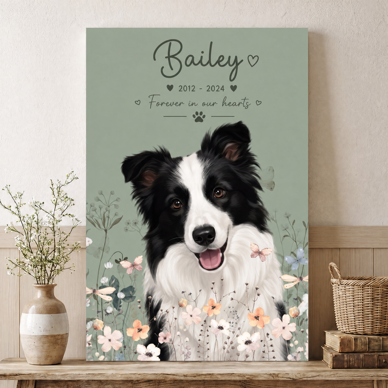 Forever in Our Hearts pet memorial portrait poster with custom pet artwork, name, and years