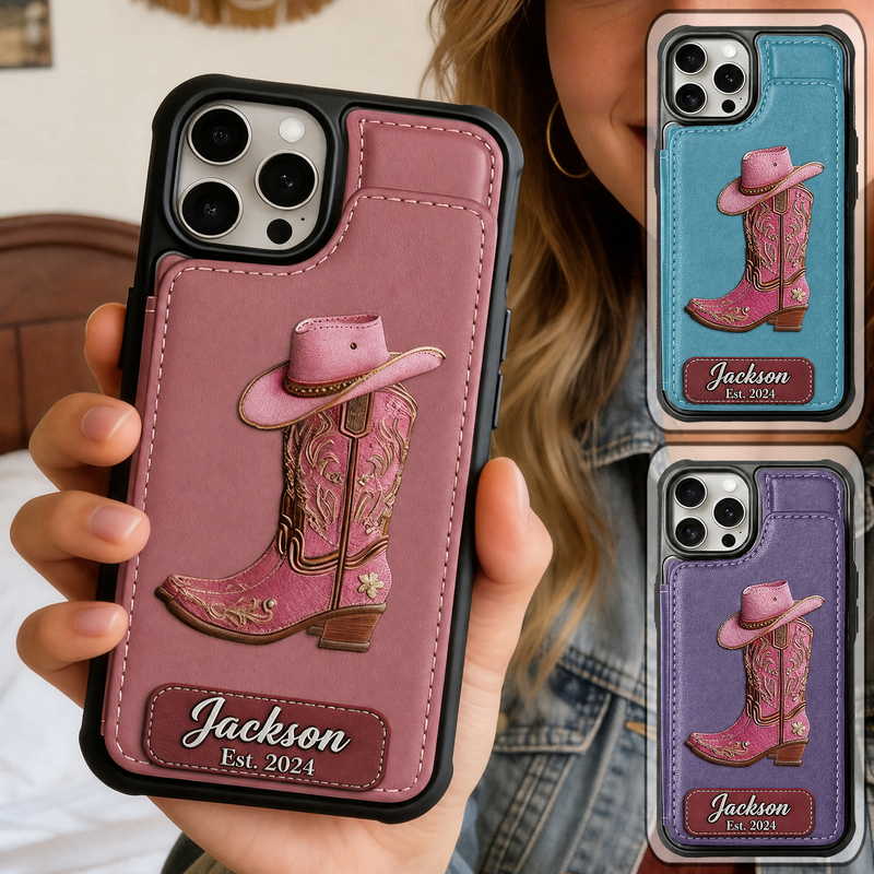 Personalized cowgirl boot wallet phone case with embossed western artwork, name, and est. year