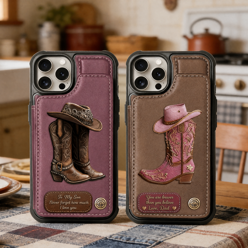 Personalized cowgirl boot wallet phone case with embossed western artwork, name, and est. year - personalization options