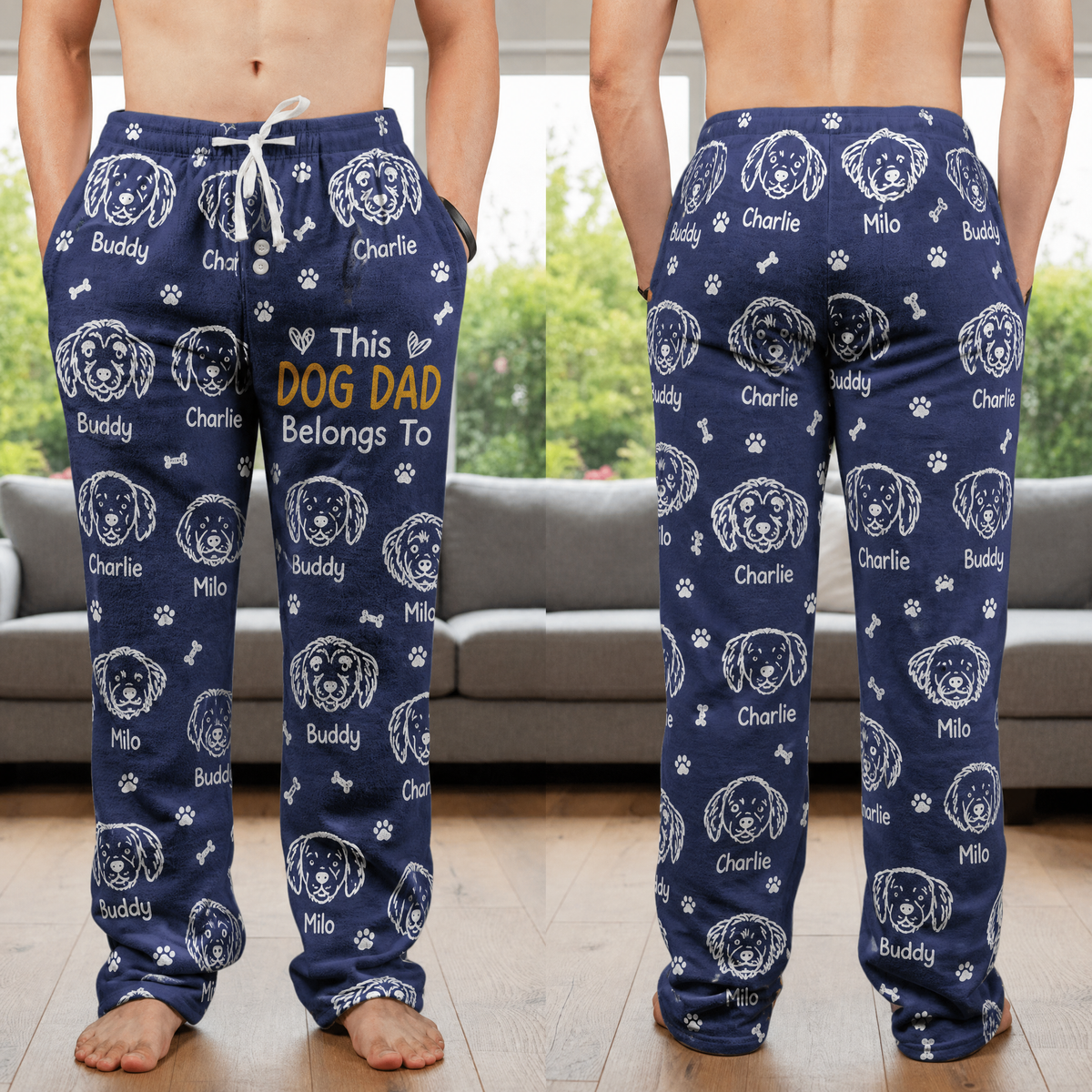 Personalized Dog Dad fleece pajama pants with repeating doodle dog portraits and pet names - gallery view 2