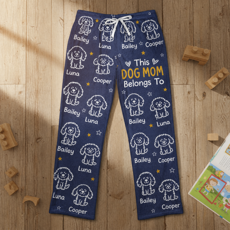Personalized Dog Dad fleece pajama pants with repeating doodle dog portraits and pet names - lifestyle photo