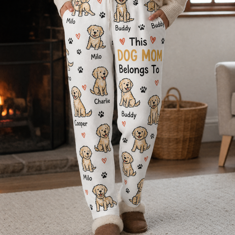 Personalized Dog Dad fleece pajama pants with repeating doodle dog portraits and pet names - personalization options