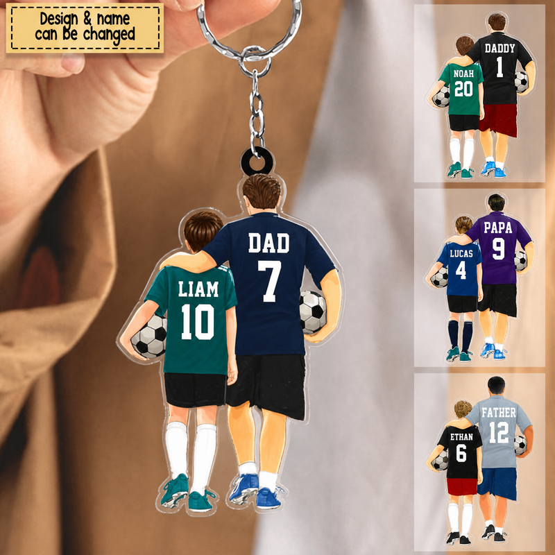 Personalized soccer dad and child acrylic keychain with names and jersey numbers