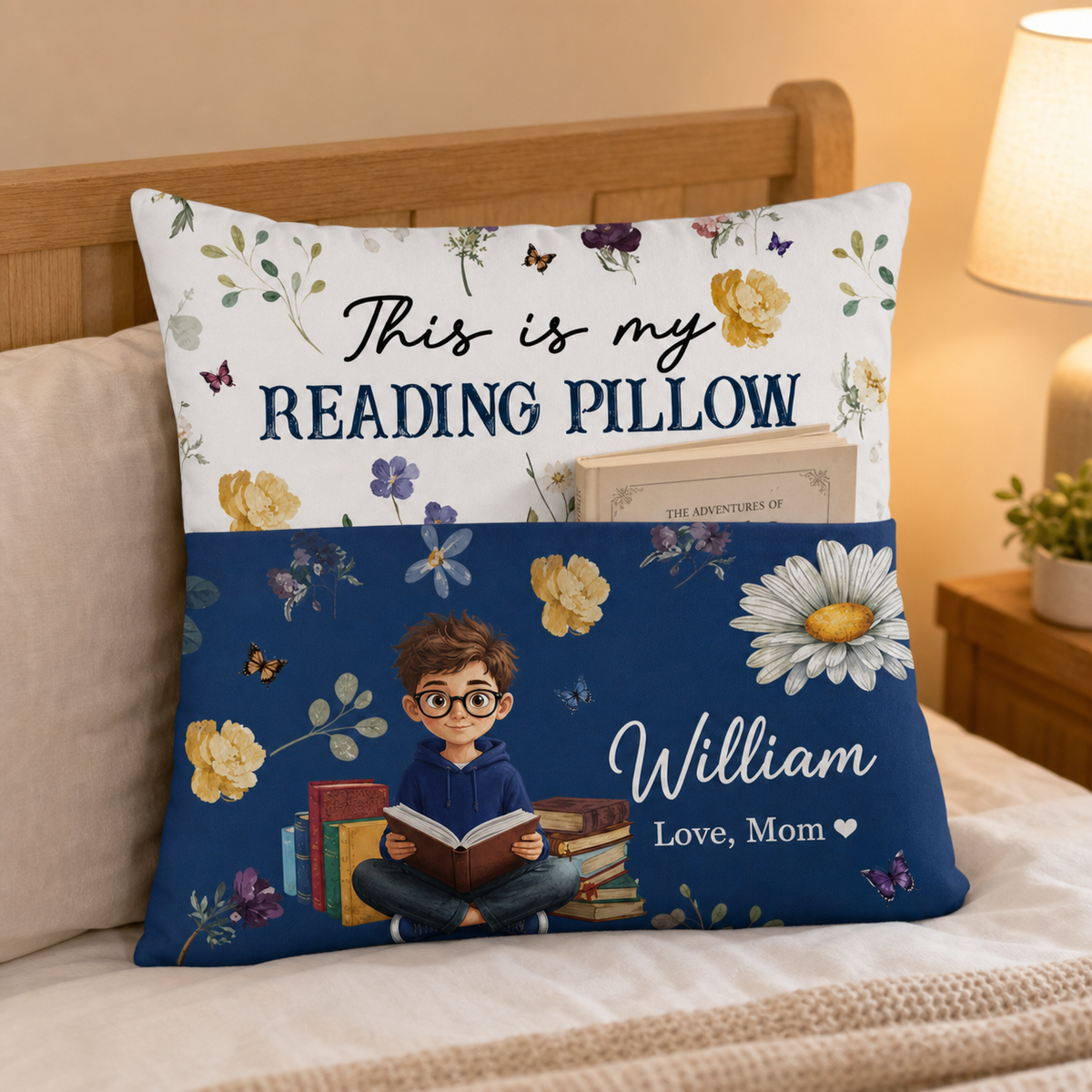 Personalized reading pillow with book pocket, reader character, name, and birth flower - gallery view 2
