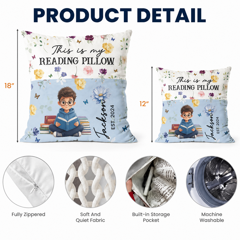 Personalized reading pillow with book pocket, reader character, name, and birth flower - lifestyle photo