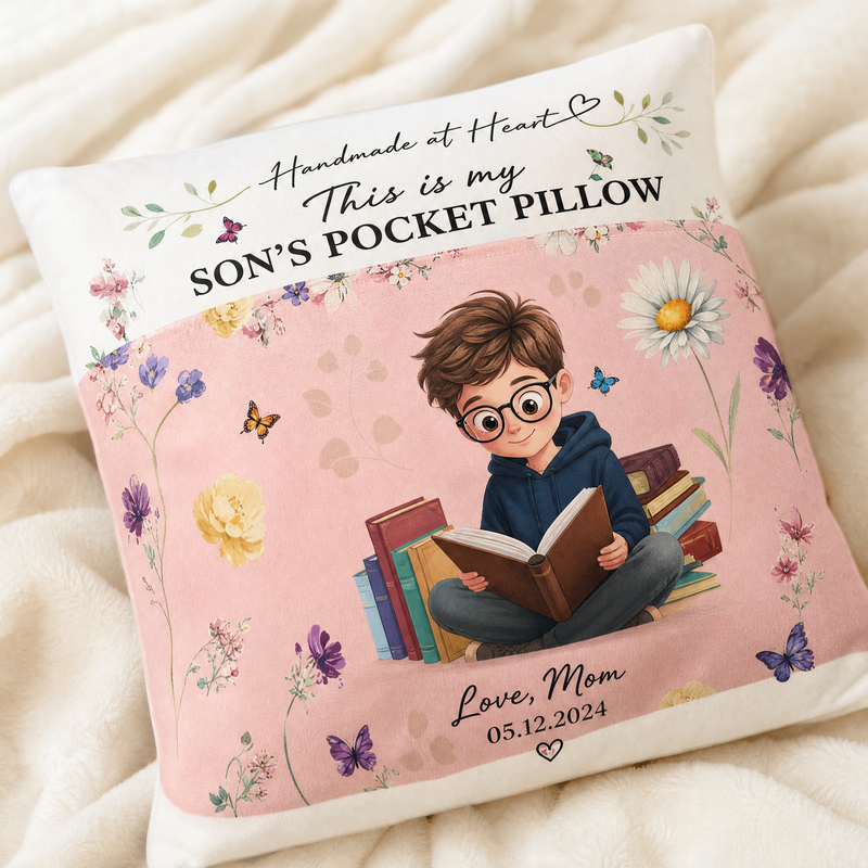 Personalized reading pillow with book pocket, reader character, name, and birth flower - personalization options