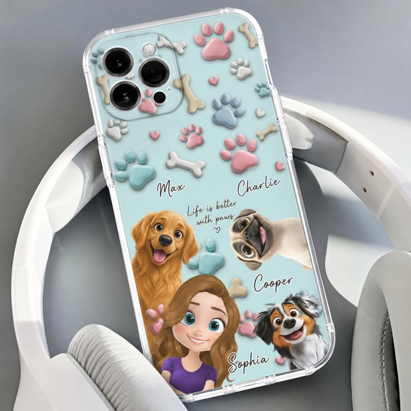 Life Is Better with Paws clear phone case with cartoon owner portrait, pet portrait, name, and date - lifestyle photo