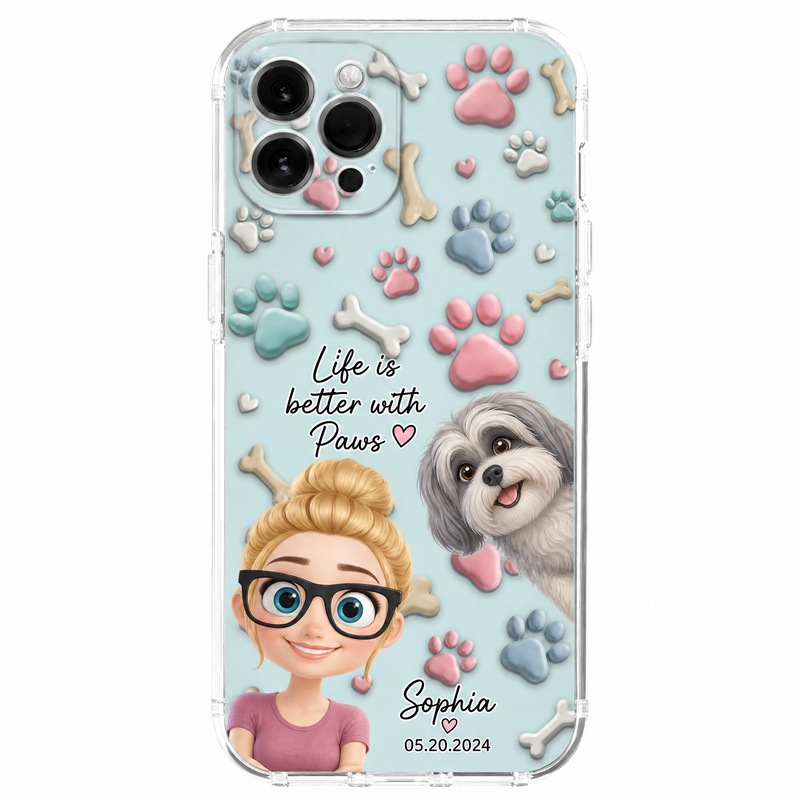 Life Is Better with Paws clear phone case with cartoon owner portrait, pet portrait, name, and date