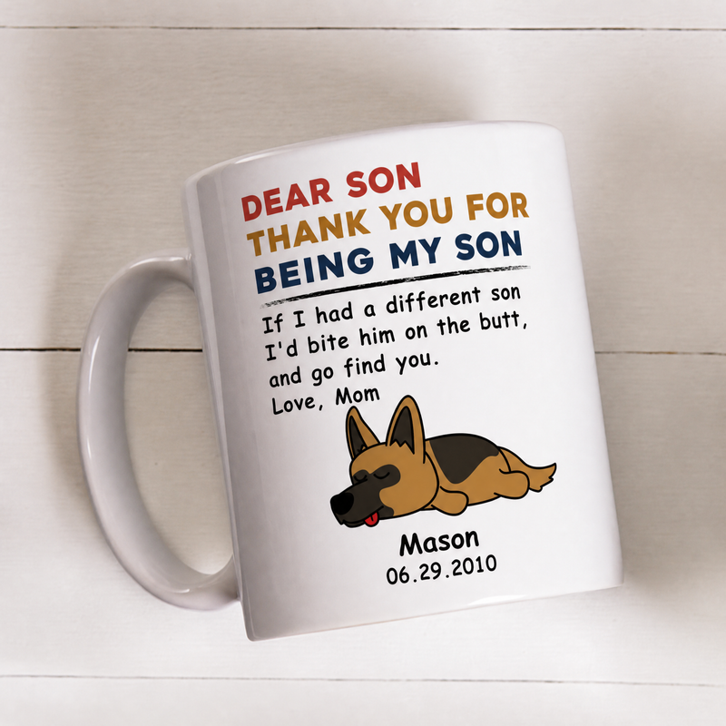 Thank You for Being My Son funny personalized dog mug with pet name - lifestyle photo