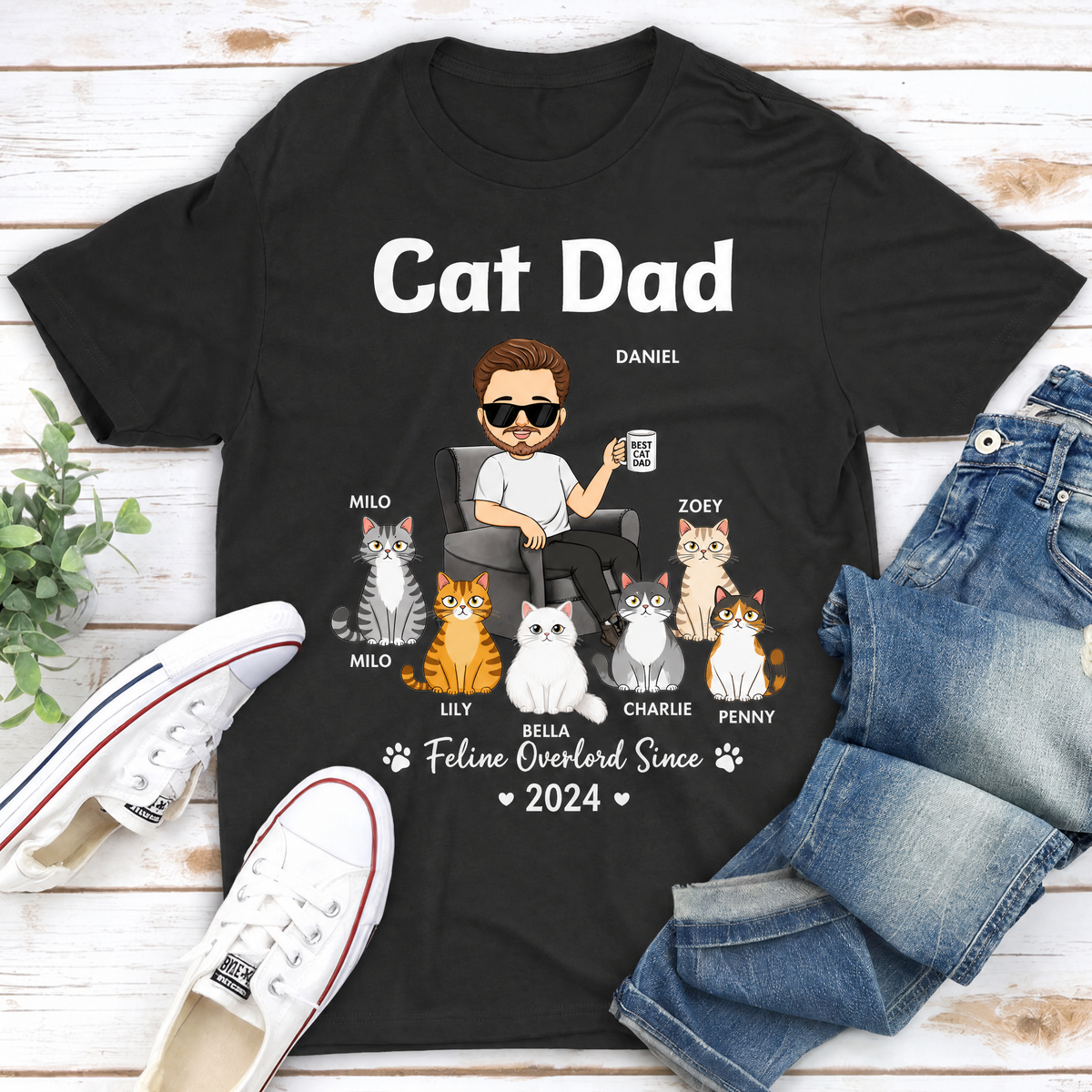 Personalized Cat Dad t-shirt with cartoon owner portrait, cat portraits, and names - gallery view 2