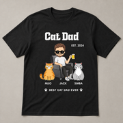 Personalized Cat Dad T-Shirt with Cartoon Portrait & Cat Names
