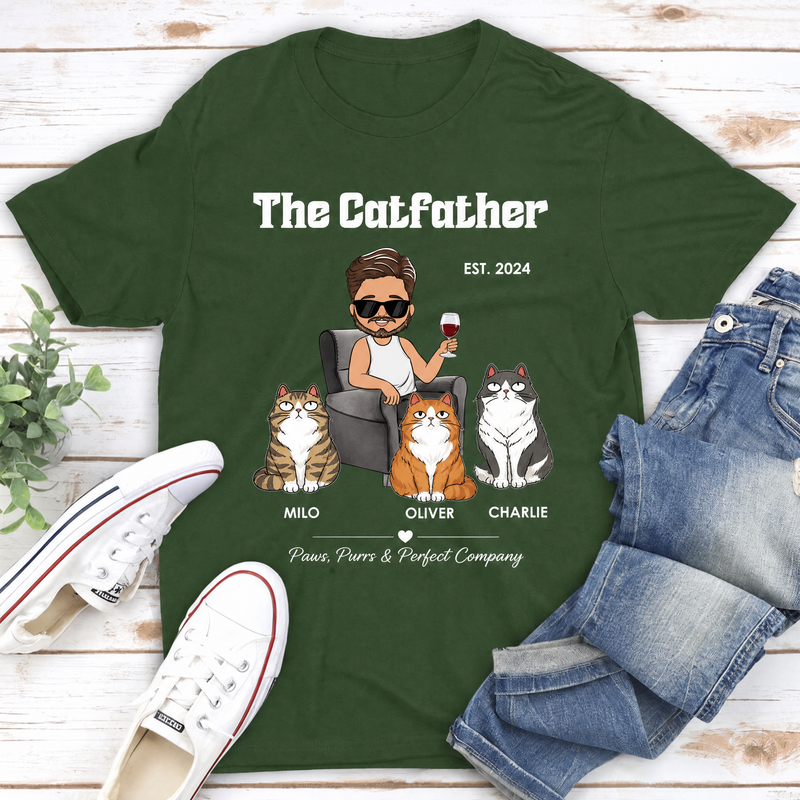 Personalized Cat Dad t-shirt with cartoon owner portrait, cat portraits, and names - lifestyle photo