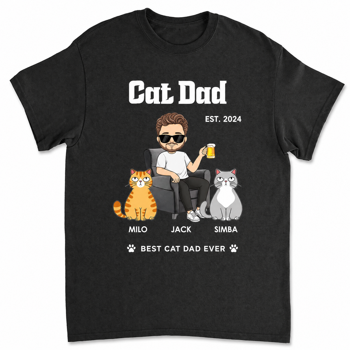 Personalized Cat Dad T-Shirt with Cartoon Portrait & Cat Names