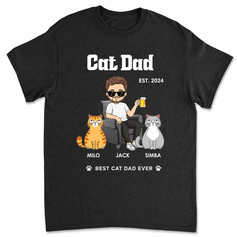 Personalized Cat Dad t-shirt with cartoon owner portrait, cat portraits, and names