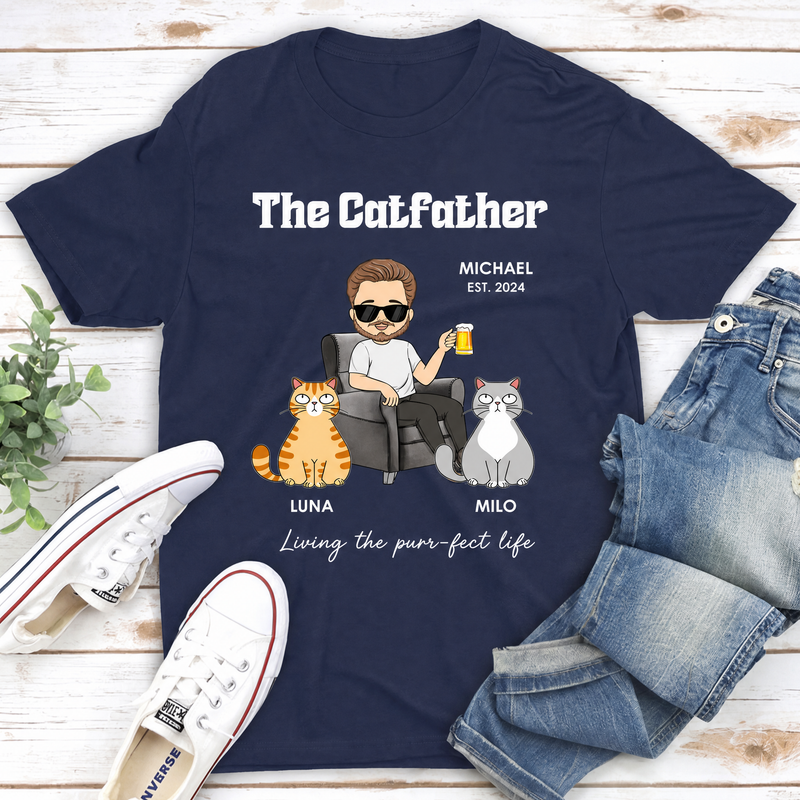 Personalized Cat Dad t-shirt with cartoon owner portrait, cat portraits, and names - personalization options