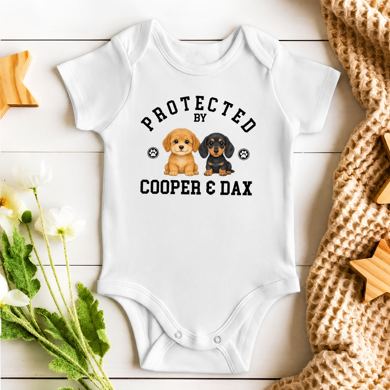 Protected By personalized dog baby onesie with custom dog portrait, name, and est. year - lifestyle photo