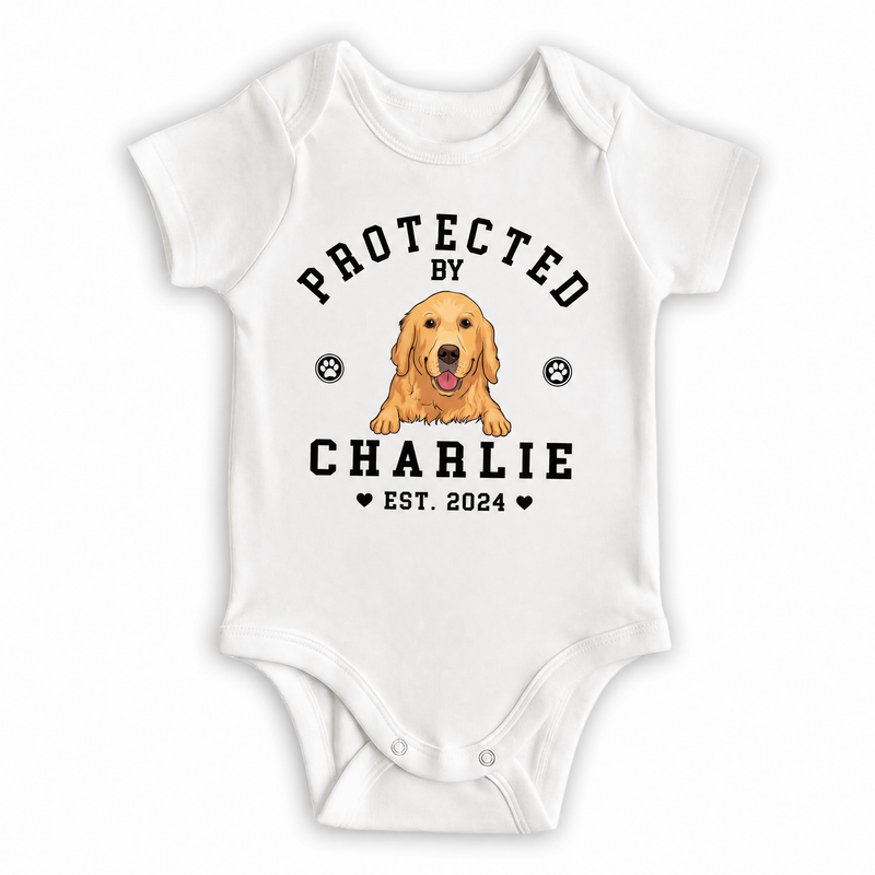 Protected By personalized dog baby onesie with custom dog portrait, name, and est. year