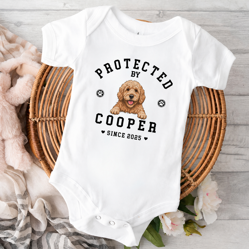 Protected By personalized dog baby onesie with custom dog portrait, name, and est. year - personalization options