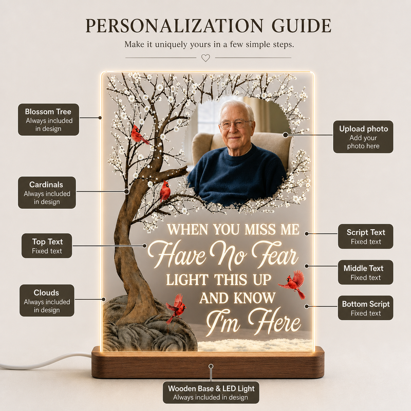 When You Miss Me Memorial Photo Night Light on Walnut Base - personalization guide